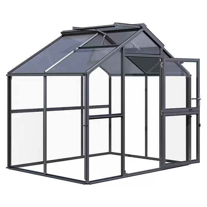 KGT Gewächshaus Novum II - Außenmaß inkl. Dachüberstand (B x T): 273 x 208 cm, Material Seitenwand: Glas, 4 mm, Anthrazit-Grau - Dunkelgraues Gewächshaus mit Metallrahmen, transparenten Platten, offener Tür und Dachluke.