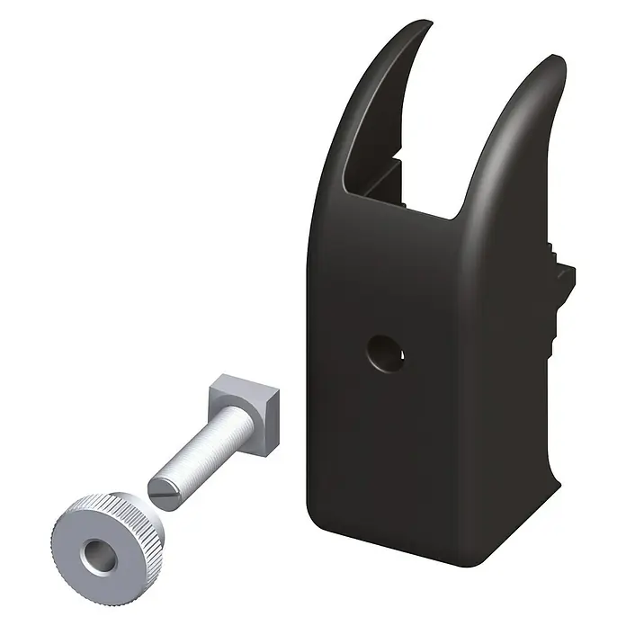 Kantoflex Haken-Verdrehschutz - Breite: 16 mm - Bild einer schwarzen Gerätehalterung mit Schraube und Knopf, geeignet für die Befestigung verschiedener Werkzeuge.