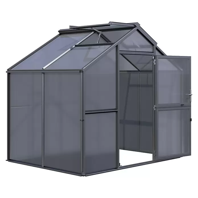 KGT Gewächshaus Novum II - Außenmaß inkl. Dachüberstand (B x T): 273 x 208 cm, Material Seitenwand: Kunststoff, 10 mm, Anthrazit-Grau - Dunkelgraues Gewächshaus mit lichtdurchlässigen Polycarbonatplatten, geöffneter Tür und Dachlüftern.