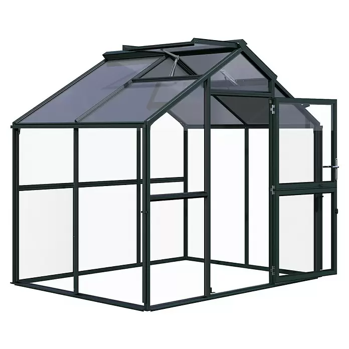 KGT Gewächshaus Novum II - Außenmaß inkl. Dachüberstand (B x T): 273 x 208 cm, Material Seitenwand: Glas, 4 mm, Tannengrün - Gewächshaus mit dunkelgrünem Rahmen, lichtdurchlässigen Platten, offener Tür und Dachfenstern.