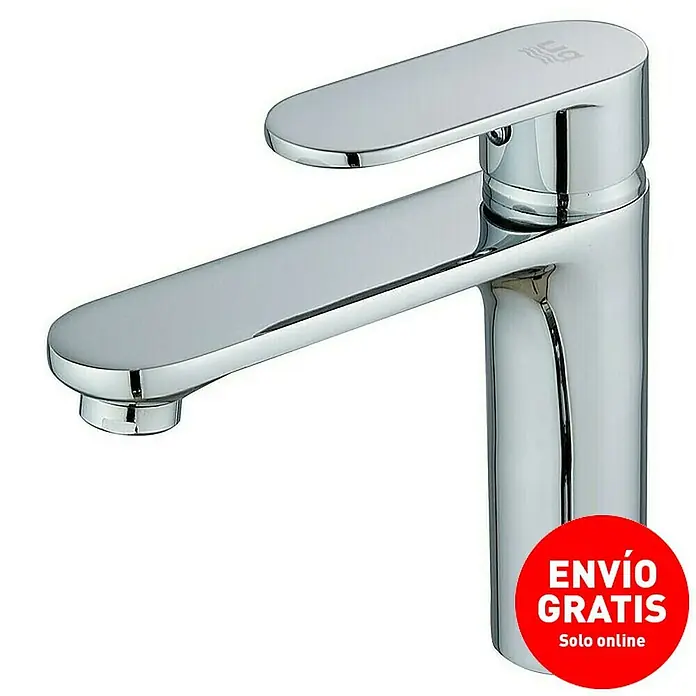 Universal de Grifería Tarim Grifo de lavabo - Cromo, Brillante - Primer plano de un grifo de baño cromado brillante, que muestra un diseño elegante y moderno, destacando su superficie reflectante.