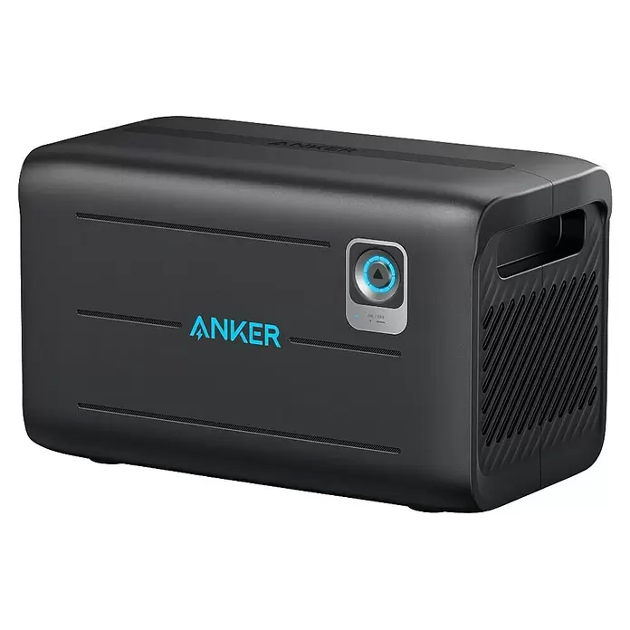 Anker Solix Akku Erweiterungsakku BP2600 -  - Dunkelgraue Anker-Powerstation mit blau leuchtendem Logo und Power-Knopf.