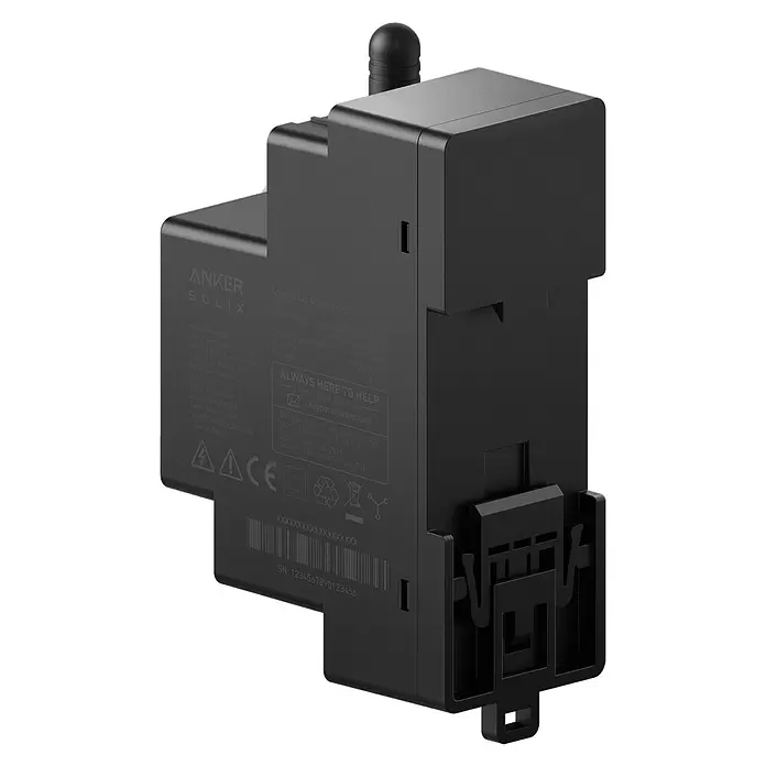Anker Solix Zählerfeld Smart Meter für Anker Solarbank 2 Pro/Plus - 0% MwSt. - Schwarz - Schwarzes Anker SOLIX Smart Meter, ein rechteckiges Gerät mit Antenne oben und seitlichen Montageclips.