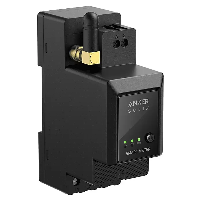 Anker Solix Zählerfeld Smart Meter für Anker Solarbank 2 Pro/Plus - 0% MwSt. - Schwarz - Schwarzer Anker Solix Smart Meter mit Antenne, Anzeigeleuchten und verschiedenen Anschlüssen zur Energieüberwachung.