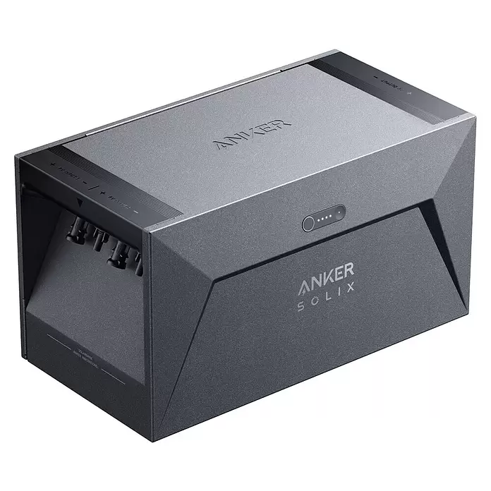 Anker Solix Solarbank E1600 Solarstromspeicher - 0% MwSt. gem. § 12 Abs. 3 UStG - Nennleistung: 1.600 W, Passend für: Balkonkraftwerke - Dunkelgraue Anker Solix Solarkraftbank mit Textur, Batteriestandsanzeige und PV-Ein-/Ausgängen.
