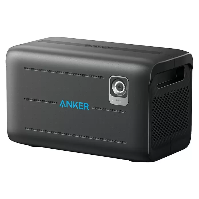 Anker Solix Akku Erweiterungsakku BP2600 -  - Schwarze Anker Powerstation mit blauem Logo, Power-Taste und seitlicher Belüftung.