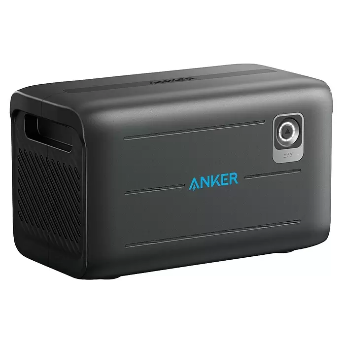 Anker Solix Akku Erweiterungsakku BP2600 -  - Dunkelgraue Anker tragbare Powerstation mit integriertem Griff und Power-Taste.