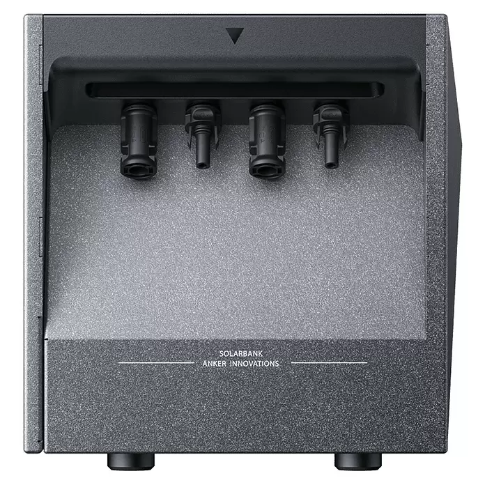 Anker Solix Solarbank E1600 Solarstromspeicher - 0% MwSt. gem. § 12 Abs. 3 UStG - Nennleistung: 1.600 W, Passend für: Balkonkraftwerke - Dunkelgraue, texturierte Anker Solarbank Energiespeichereinheit mit vier Anschlüssen.