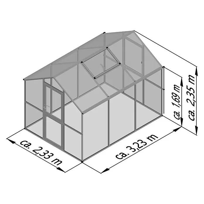 KGT Gewächshaus Aptasia III - Außenmaß inkl. Dachüberstand (B x T): 233 x 323 cm, Material Seitenwand: Glas, 4 mm, Anthrazit-Grau - Gewächshaus mit Aluminiumrahmen und transparenten Paneelen, Tür und Dachluke. Ca.-Maße: 2,33m B x 3,23m L, 1,69m Traufhöhe, 2,35m Firsthöhe.