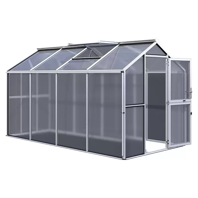 KGT Gewächshaus Galant IV - Außenmaß inkl. Dachüberstand (B x T): 216 x 408 cm, Material Seitenwand: Kunststoff, 10 mm, Pressblank - Weiß gerahmtes Gewächshaus mit lichtdurchlässigen Platten, offenem Dachfenster und geöffneter Tür.