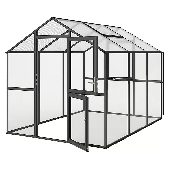 KGT Gewächshaus Aptasia III - Außenmaß inkl. Dachüberstand (B x T): 233 x 323 cm, Material Seitenwand: Glas, 4 mm, Anthrazit-Grau - Modernes Gewächshaus mit dunkelgrauem Rahmen, klaren Polycarbonatplatten, offenen Türen und offener Dachluke.