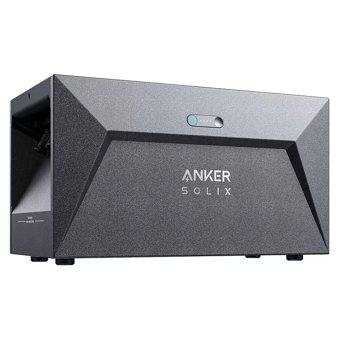 Anker Solix Solarbank E1600 Solarstromspeicher - 0% MwSt. gem. § 12 Abs. 3 UStG - Nennleistung: 1.600 W, Passend für: Balkonkraftwerke - Dunkelgraue, texturierte Anker Solix Powerstation mit eckigem Design und kleinem Display mit blauen Lichtern oben.