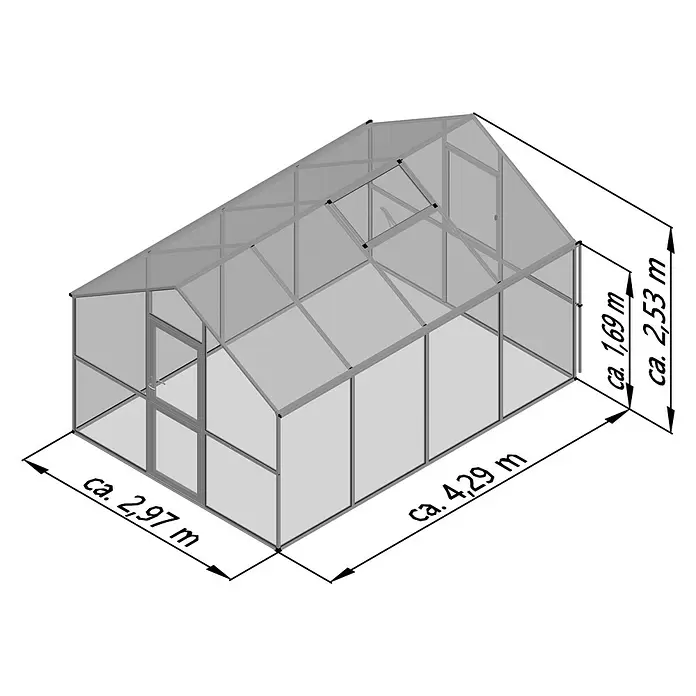 KGT Gewächshaus Ortasia IV - Außenmaß inkl. Dachüberstand (B x T): 297 x 429 cm, Material Seitenwand: Glas, 4 mm, Anthrazit-Grau - Gewächshaus mit grauem Rahmen, transparenten Platten und Maßen ca. 2,97m L, 4,29m B, 2,53m H.