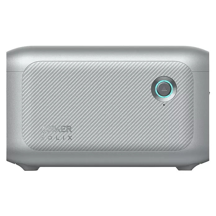 Anker Solix Akku Erweiterungsakku BP1000 - 51,2 V, 20 Ah - Eine silberne Anker Solix Powerstation mit einer Frontplatte in Carbonfaser-Optik und einem markanten, hellblau leuchtenden runden Einschaltknopf.