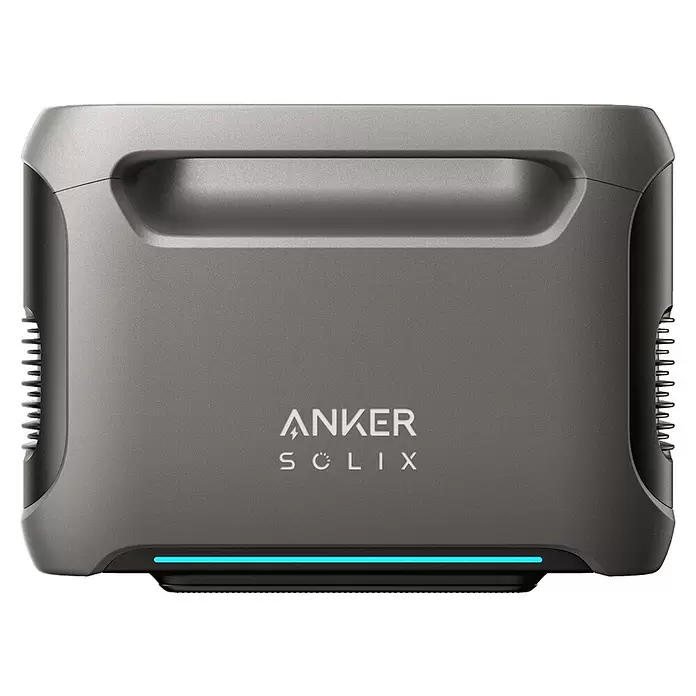 Anker Solix Akku Erweiterungsakku BP3800 - 51,2 V, 75 Ah - Graue Anker Solix Powerstation mit Tragegriff und leuchtendem blauen LED-Streifen.