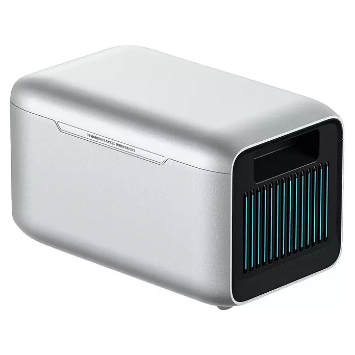 Anker Solix Akku Erweiterungsakku BP1000 - 51,2 V, 20 Ah - Silbernes tragbares Ladegerät mit schwarzem Frontgitter, blauen Lichtern und der Aufschrift 'DESIGNED BY ANKER INNOVATIONS'.