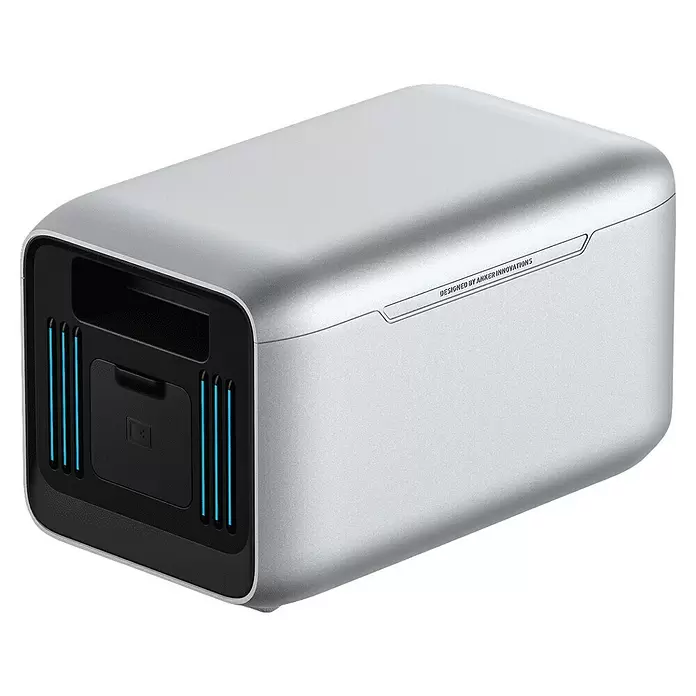 Anker Solix Akku Erweiterungsakku BP1000 - 51,2 V, 20 Ah - Silber-graues Anker Elektronikgerät mit schwarzer Frontplatte, blauen Lichtstreifen und einem Fach.