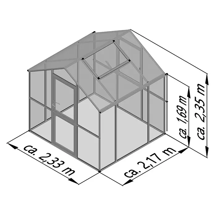 KGT Gewächshaus Aptasia Typ III – small - Außenmaß inkl. Dachüberstand (B x T): 233 x 217 cm, Material Seitenwand: Glas, 4 mm, Anthrazit-Grau - Graues Aluminium-Gewächshaus mit lichtdurchlässigen Platten, Scharniertür und geöffnetem Dachfenster zur Belüftung.