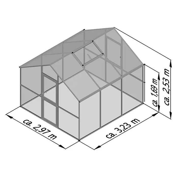 KGT Gewächshaus Ortasia III - Außenmaß inkl. Dachüberstand (B x T): 297 x 323 cm, Material Seitenwand: Glas, 4 mm, Anthrazit-Grau - Grau gerahmtes Gewächshaus mit transparenten Paneelen und Flügeltür. Maße: ca. 3,23m Länge, 2,97m Breite, 2,53m Giebelhöhe, 1,69m Traufhöhe.