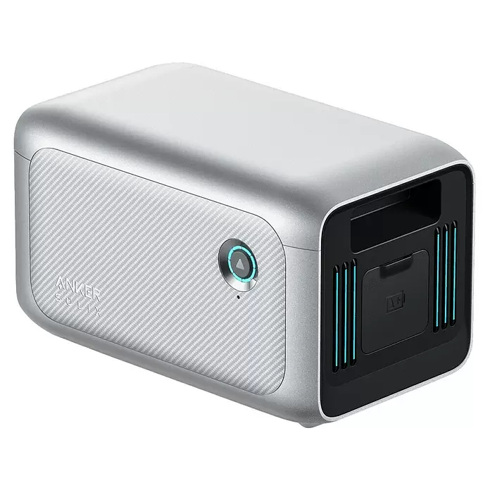 Anker Solix Akku Erweiterungsakku BP1000 - 51,2 V, 20 Ah - Anker Solix Powerstation, silber mit Kohlefaser-Textur, beleuchteten Bedienelementen und blau beleuchteten Lüftungsschlitzen.