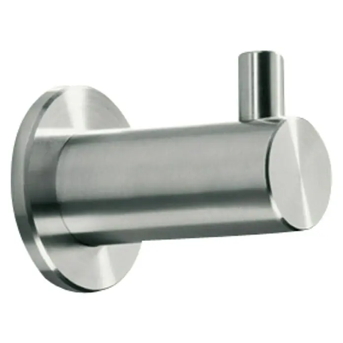 Häfele Gancho para colgar - Equipamiento: 1 gancho, Ø x L: 19 x 46 mm, Acero inoxidable, Cepillado - Primer plano de un gancho de pared de acero inoxidable cepillado. Un accesorio de baño minimalista y funcional para toallas o ropa.