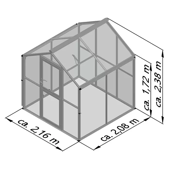 KGT Gewächshaus Galant II - Außenmaß inkl. Dachüberstand (B x T): 216 x 208 cm, Material Seitenwand: Glas, 4 mm, Anthrazit-Grau - Silbernes Aluminium-Gewächshaus mit transparenten Platten, Tür und aufstellbarem Dachfenster, mit Maßen dargestellt.