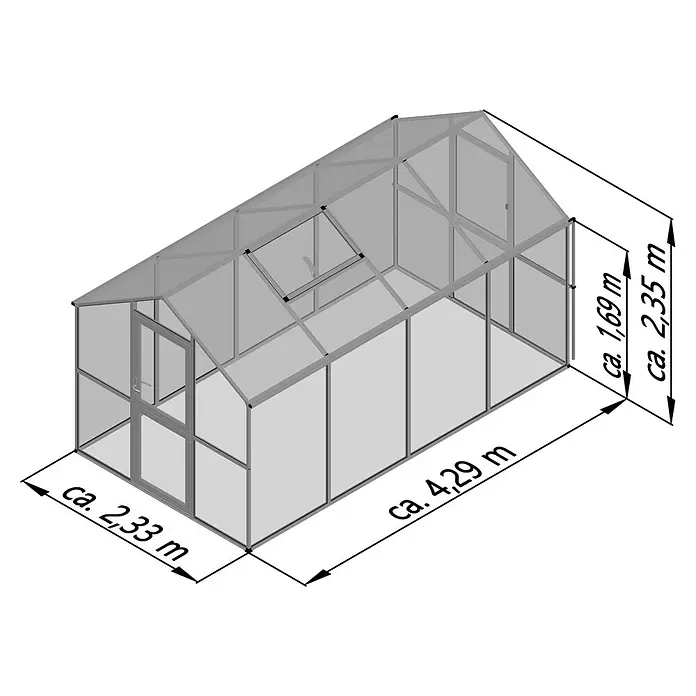 KGT Gewächshaus Aptasia IV - Außenmaß inkl. Dachüberstand (B x T): 233 x 429 cm, 4 mm, Anthrazit-Grau - Transparentes Gewächshaus mit grauem Metallrahmen, Tür und Dachfenster. Ca. Maße: 2,33m Breite, 4,29m Länge, 2,35m Giebelhöhe.