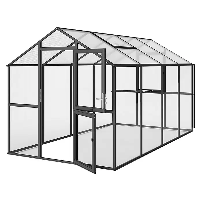 KGT Gewächshaus Aptasia IV - Außenmaß inkl. Dachüberstand (B x T): 233 x 429 cm, 4 mm, Anthrazit-Grau - Modernes Gewächshaus mit dunkelgrauem Metallrahmen, transparenten Platten und offener Tür, mit Dachlüftungen.