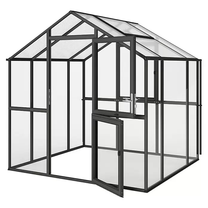 KGT Gewächshaus Aptasia Typ III – small - Außenmaß inkl. Dachüberstand (B x T): 233 x 217 cm, Material Seitenwand: Glas, 4 mm, Anthrazit-Grau - Schwarz gerahmtes Gewächshaus mit transparenten Paneelen und offener Tür.