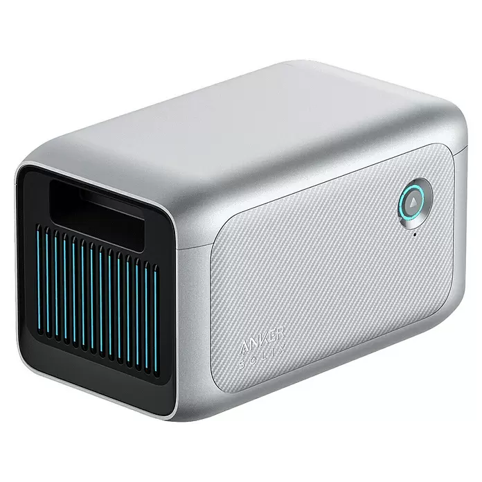 Anker Solix Akku Erweiterungsakku BP1000 - 51,2 V, 20 Ah - Graue Anker Solix Powerstation mit schwarzem Gitter, blauen Lichtern und strukturierter Seitenwand mit Ein-/Ausschalter.