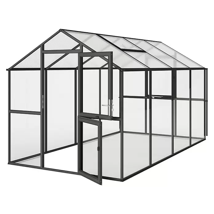 KGT Gewächshaus Aptasia IV - Außenmaß inkl. Dachüberstand (B x T): 233 x 429 cm, 4 mm, Anthrazit-Grau - Gewächshaus mit schwarzem Rahmen, transparenten Polycarbonatplatten, Satteldach, offener Tür und Dachfenstern.
