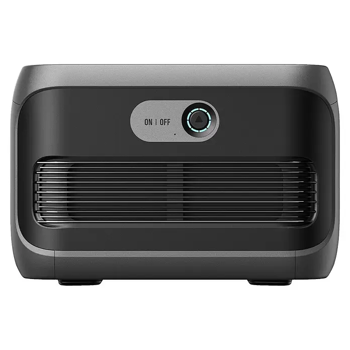 Anker Solix Akku Erweiterungsakku BP3800 - 51,2 V, 75 Ah - Dunkelgraues rechteckiges Gerät mit abgerundeten Ecken, einem horizontalen Lüftungsgitter und einem Bedienfeld mit 'ON | OFF'-Schalter und blau beleuchtetem Knopf.