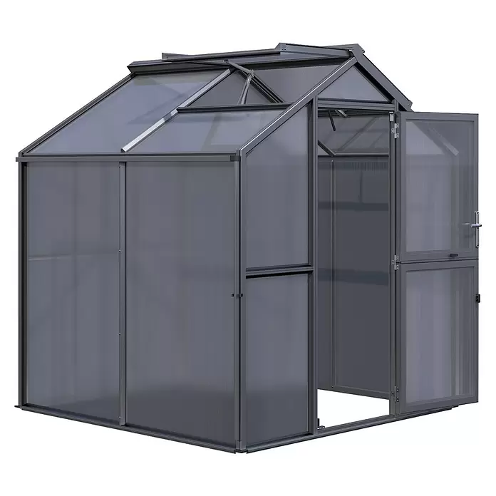 KGT Gewächshaus Galant II - Außenmaß inkl. Dachüberstand (B x T): 216 x 208 cm, Material Seitenwand: Kunststoff, 10 mm, Anthrazit-Grau - Dunkelgraues Aluminium-Gewächshaus mit durchscheinenden Polycarbonatplatten, offener Tür und Dachluken.