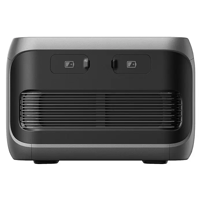 Anker Solix Akku Erweiterungsakku BP3800 - 51,2 V, 75 Ah - Dunkelgraue tragbare Powerstation mit zwei Batterieanzeigen und Frontlüftungsgitter.