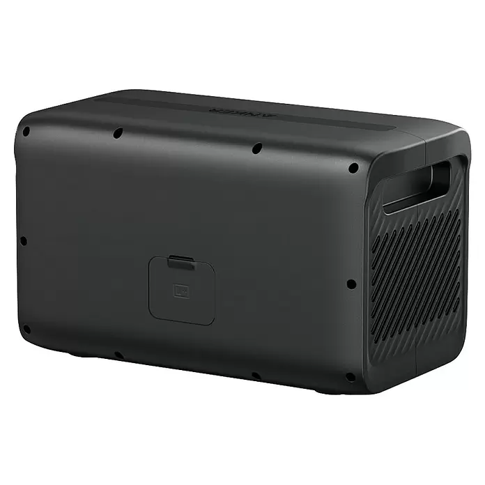 Anker Solix Akku Erweiterungsakku BP2600 -  - Mattschwarze Anker Powerstation mit seitlichem Griff und gerippten Lüftungsschlitzen.