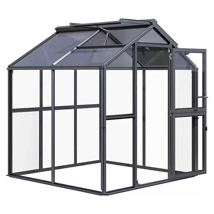 KGT Gewächshaus Galant II - Außenmaß inkl. Dachüberstand (B x T): 216 x 208 cm, Material Seitenwand: Glas, 4 mm, Anthrazit-Grau - Dunkelgraues Aluminium-Gewächshaus mit transparenten Paneelen, aufklappbarer Tür und Dachlüfter.