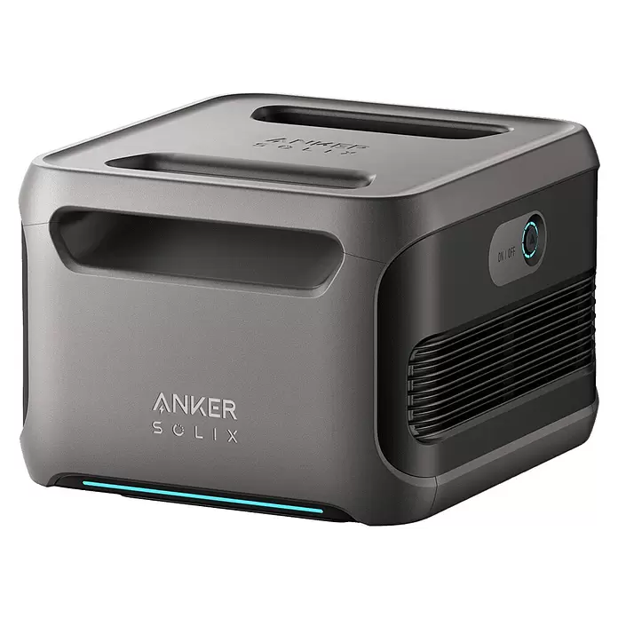 Anker Solix Akku Erweiterungsakku BP3800 - 51,2 V, 75 Ah - Graue Anker Solix tragbare Powerstation mit Griffen, blauem LED-Licht und Lüftungsschlitzen.