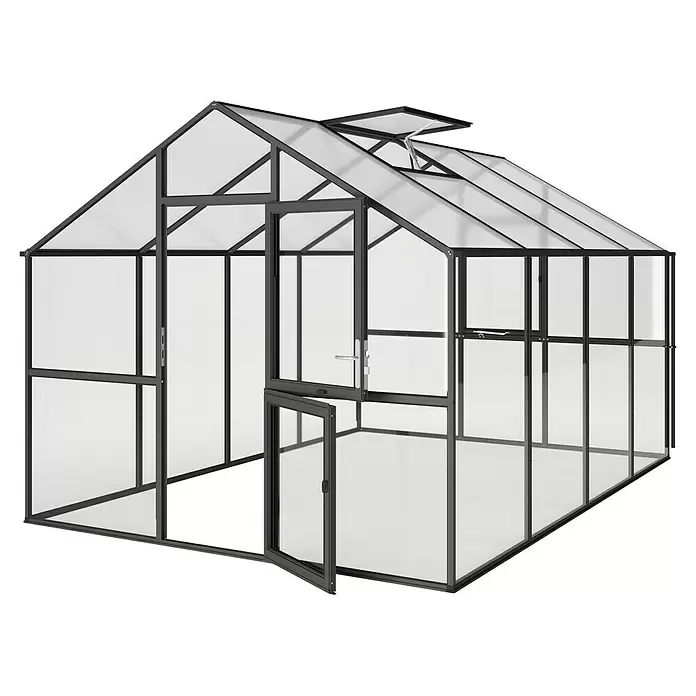 KGT Gewächshaus Ortasia IV - Außenmaß inkl. Dachüberstand (B x T): 297 x 429 cm, Material Seitenwand: Glas, 4 mm, Anthrazit-Grau - Schwarz gerahmtes Gewächshaus mit durchscheinenden Platten, offener Tür und Dachluke.