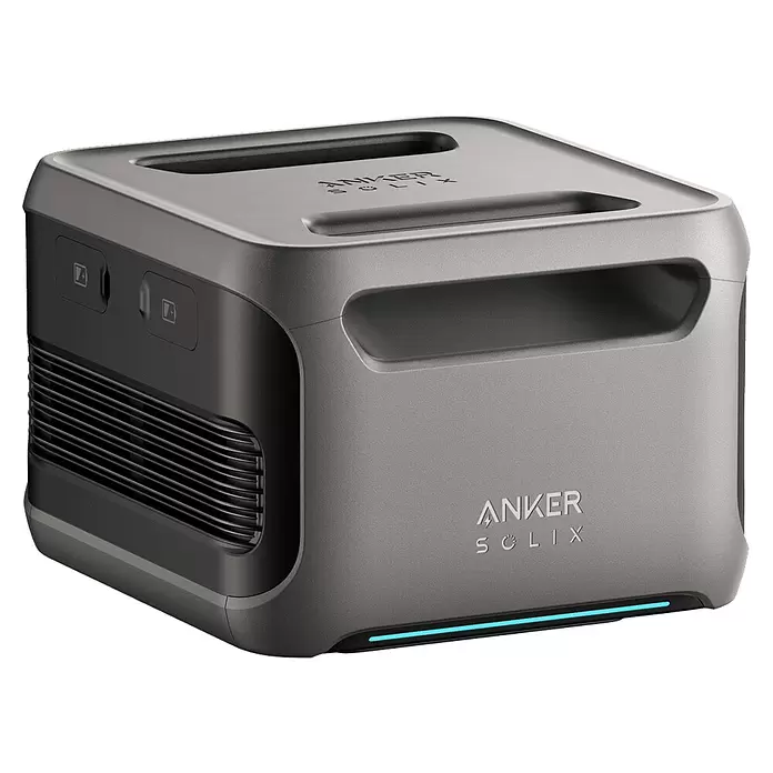 Anker Solix Akku Erweiterungsakku BP3800 - 51,2 V, 75 Ah - Graue und schwarze Anker Solix Powerstation mit matten Oberflächen, integrierten Griffen, Lüftungsschlitzen und blauem Licht.