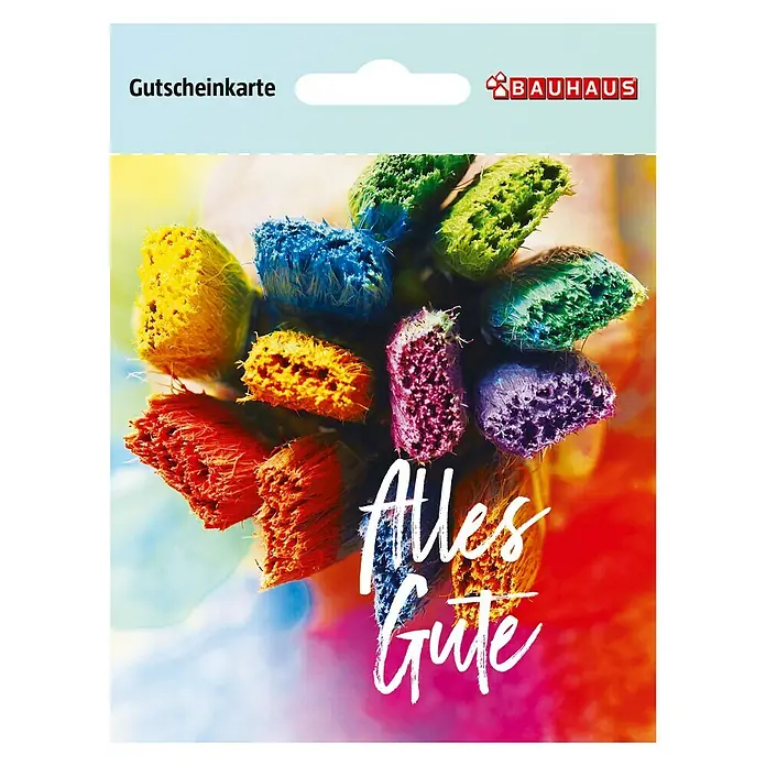Gutscheinkarte - Per Postversand, 20 Euro, Bunte Pinsel - Bauhaus Gutscheinkarte mit bunten Farben und Pinseln. Ideal als Geschenk für Heimwerker und Renovierungsbegeisterte, mit dem Schriftzug "Alles Gute".