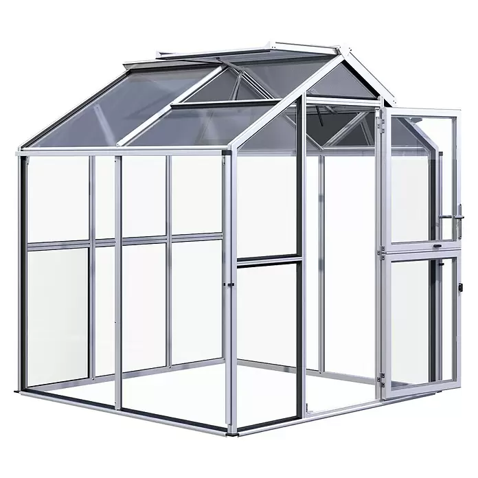 KGT Gewächshaus Galant II - Außenmaß inkl. Dachüberstand (B x T): 216 x 208 cm, Material Seitenwand: Glas, 4 mm, Tannengrün - Kompaktes Gewächshaus mit silbernem Aluminiumrahmen, transparenten Paneelen, offener Dachluke und Scharniertür.