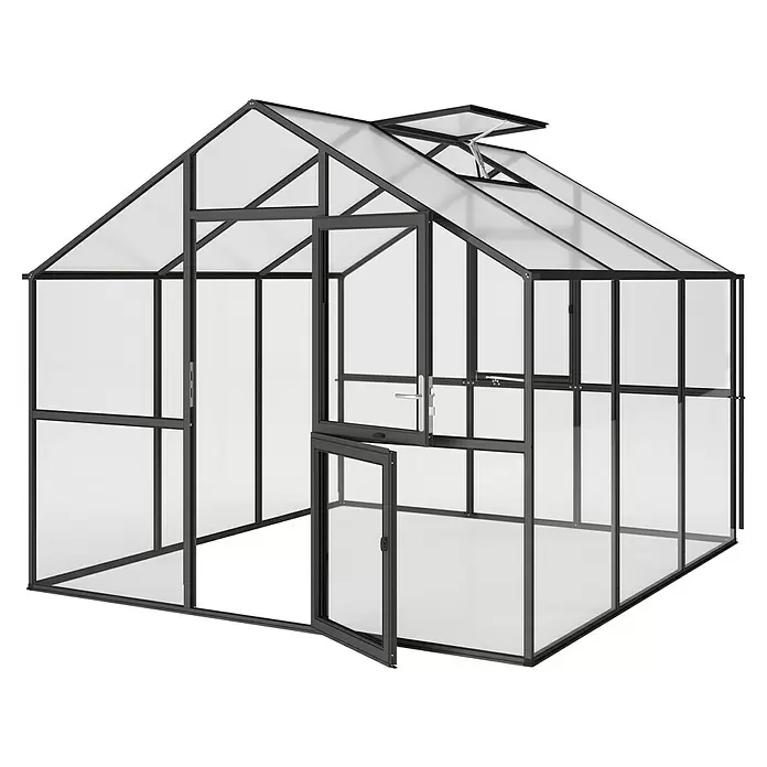 KGT Gewächshaus Ortasia III - Außenmaß inkl. Dachüberstand (B x T): 297 x 323 cm, Material Seitenwand: Glas, 4 mm, Anthrazit-Grau - Geräumiges Gewächshaus mit dunkelgrauem Rahmen, transparenten Platten, offener Tür und Dachlüftungsklappe.