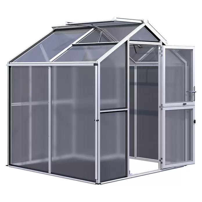 KGT Gewächshaus Galant II - Außenmaß inkl. Dachüberstand (B x T): 216 x 208 cm, Material Seitenwand: Kunststoff, 10 mm, Pressblank - Silbernes Aluminium-Gewächshaus mit durchscheinenden Polycarbonatplatten und offener Tür.
