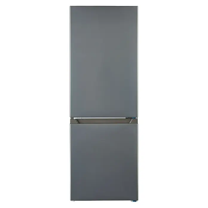 PKM Kühl-Gefrierkombination KS 218.4 S - Nutzinhalt Gesamt: 175 l, 56,2 x 49,5 x 143 cm, Silber - Nahaufnahme eines eleganten, grauen Kühl- und Gefrierschranks mit klaren Linien und einem modernen Design.