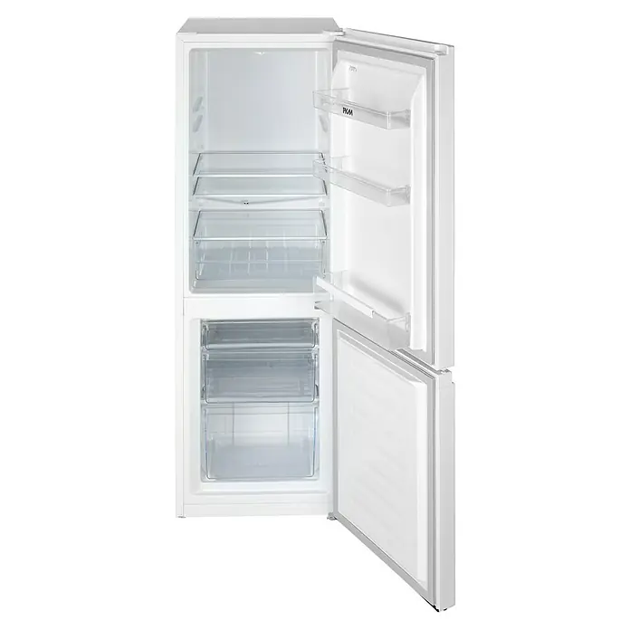 PKM Kühl-Gefrierkombination KG 218.4 W - Nutzinhalt Gesamt: 175 l, 56,2 x 49,5 x 143 cm, Weiß - Ein offener, weißer Kühlschrank von PKM mit Glasböden, transparenten Schubladen und Ablagefächern in der Tür für Lebensmittel.