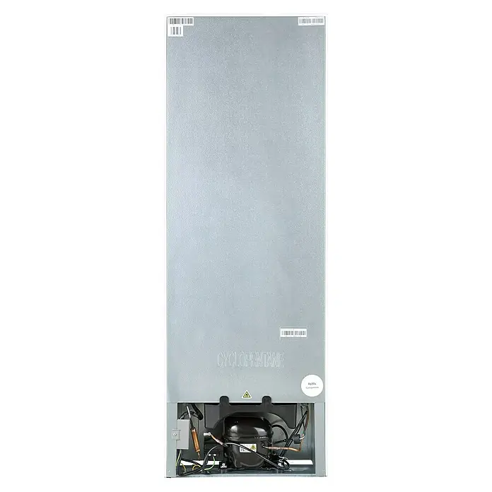 PKM Kühl-Gefrierkombination KG 218.4 W - Nutzinhalt Gesamt: 175 l, 56,2 x 49,5 x 143 cm, Weiß - Rückansicht eines Kühlschranks, der die Rückwand und den Kompressor zeigt.  Gut für Reparatur oder Installation, um die Komponenten zu inspizieren.