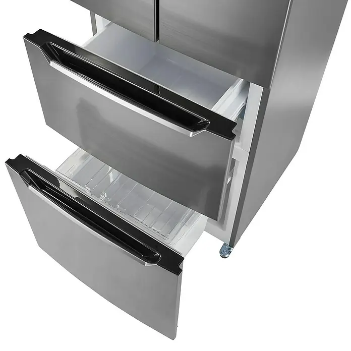 Wolkenstein Kühl-Gefrierkombination FD351.4A NF IX - Nutzinhalt Gesamt: 320 l, 68,5 x 63,5 x 185,5 cm, Inox - Offener Kühlschrank mit zwei Schubladen. Das Gerät ist aus Edelstahl und bietet viel Stauraum für Lebensmittel und Getränke.