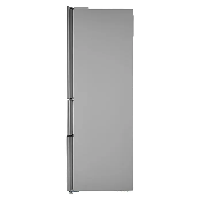 Wolkenstein Kühl-Gefrierkombination FD351.4A NF IX - Nutzinhalt Gesamt: 320 l, 68,5 x 63,5 x 185,5 cm, Inox - Seitenansicht eines modernen Kühlgeräts in elegantem Silber. Das Gerät besticht durch sein schlankes Design und die hochwertige Verarbeitung.