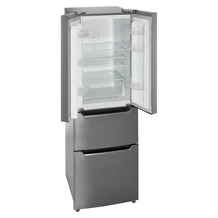 Wolkenstein Kühl-Gefrierkombination FD351.4A NF IX - Nutzinhalt Gesamt: 320 l, 68,5 x 63,5 x 185,5 cm, Inox - Dieser stilvolle freistehende Kühlschrank mit Gefrierfach verfügt über offene Doppeltüren und zwei Gefrierschubladen.
