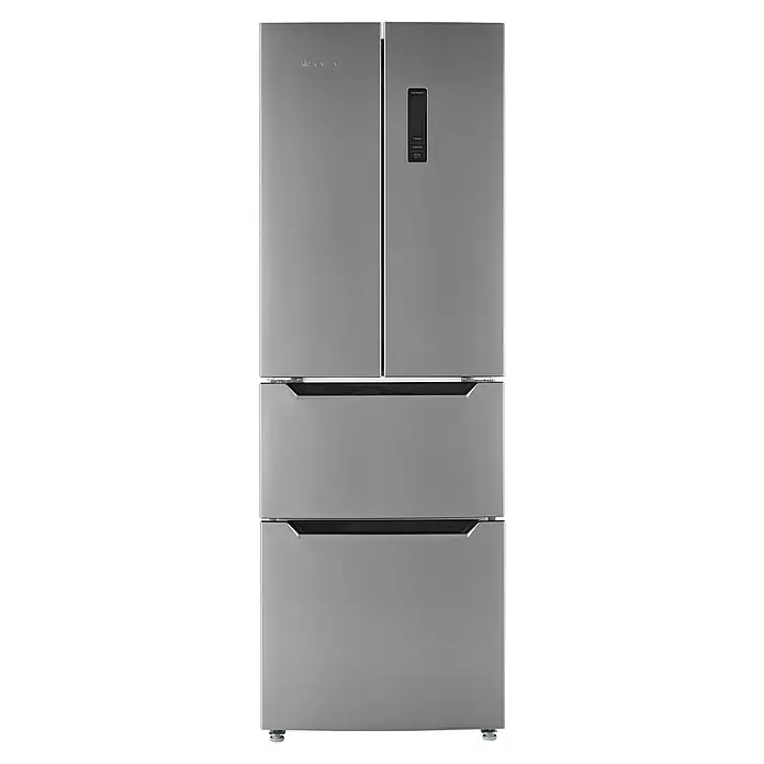 Wolkenstein Kühl-Gefrierkombination FD351.4A NF IX - Nutzinhalt Gesamt: 320 l, 68,5 x 63,5 x 185,5 cm, Inox - Frontansicht eines freistehenden Kühl-/Gefrierschranks mit vier Türen und Edelstahlfinish.